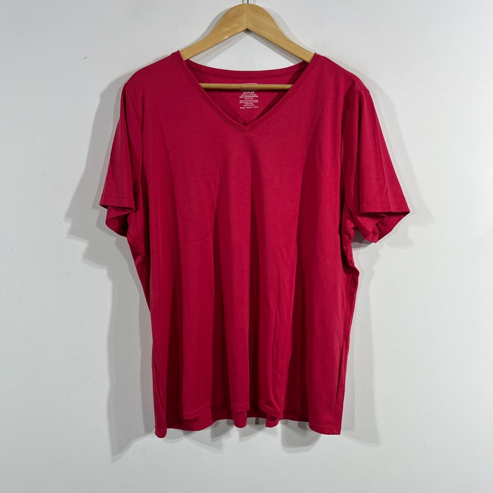 LL Bean Womens 2X Plus Supima Cotton V-Neck Short Sleeve Tee Red Casual Staple